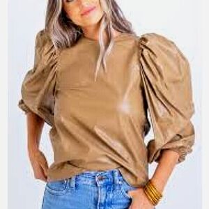 Karlie Faux Leather Puff Sleeve Blouse - Women's Size S - Tan/Camel